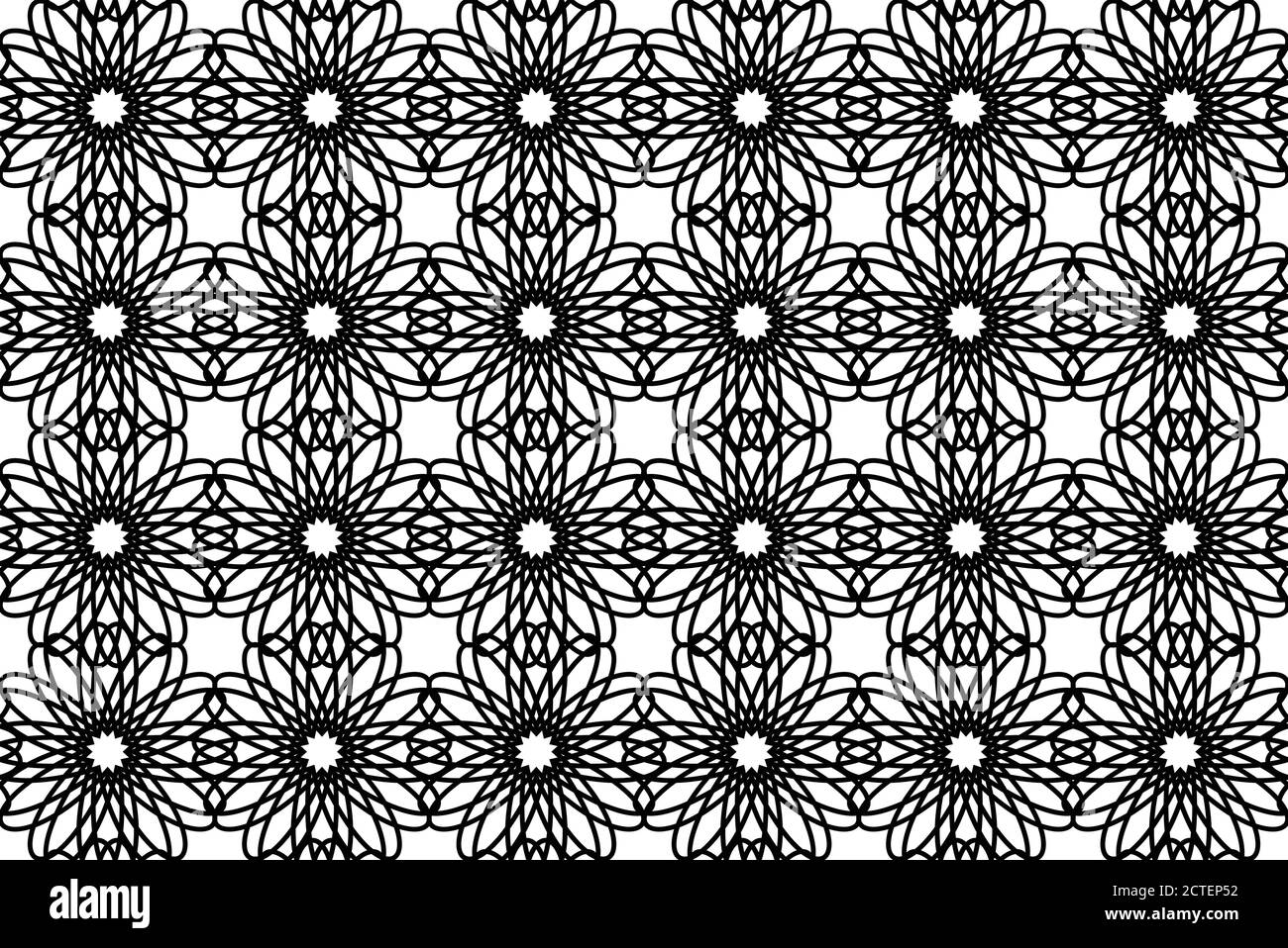 Texture marocaine noire et blanche sans couture avec fleurs. Motif pour les mosaïques. Motif vectoriel pour le papier peint, les tissus et votre conception Illustration de Vecteur