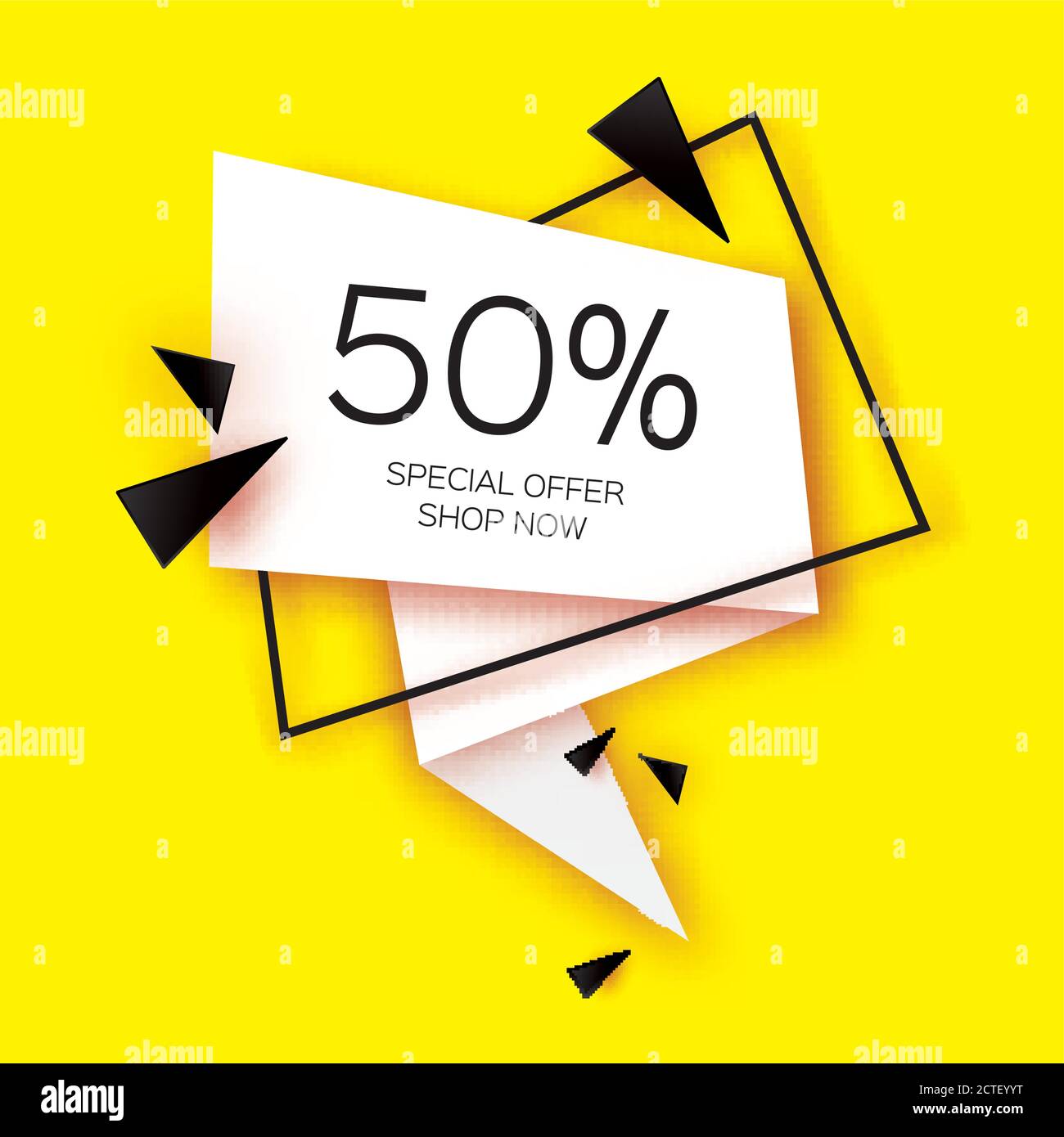 Bannière moderne de vente géométrique coupée en papier, offre spéciale, remise de 50 $. Modèle d'étiquette tendance Origami. Acheter maintenant. Espace pour le texte. Fond jaune Illustration de Vecteur