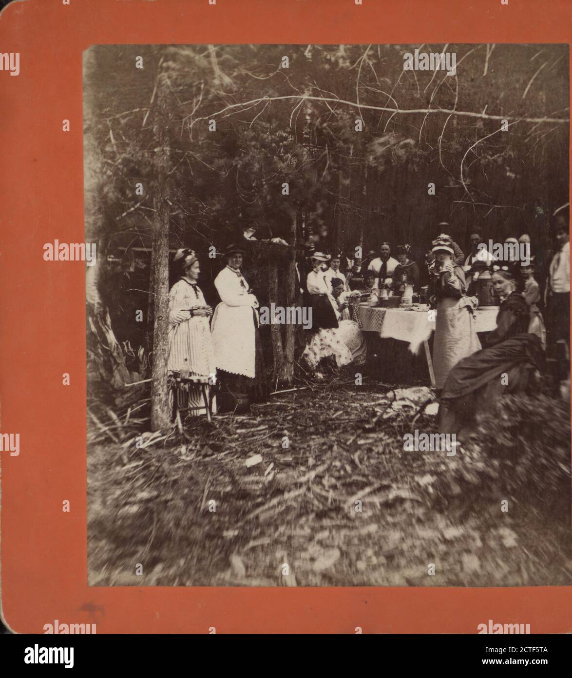 Repas de groupe à table sous les arbres., Johnson, E. M. (Elbert M.) (1844-1910), pique-niques, New York (État Banque D'Images