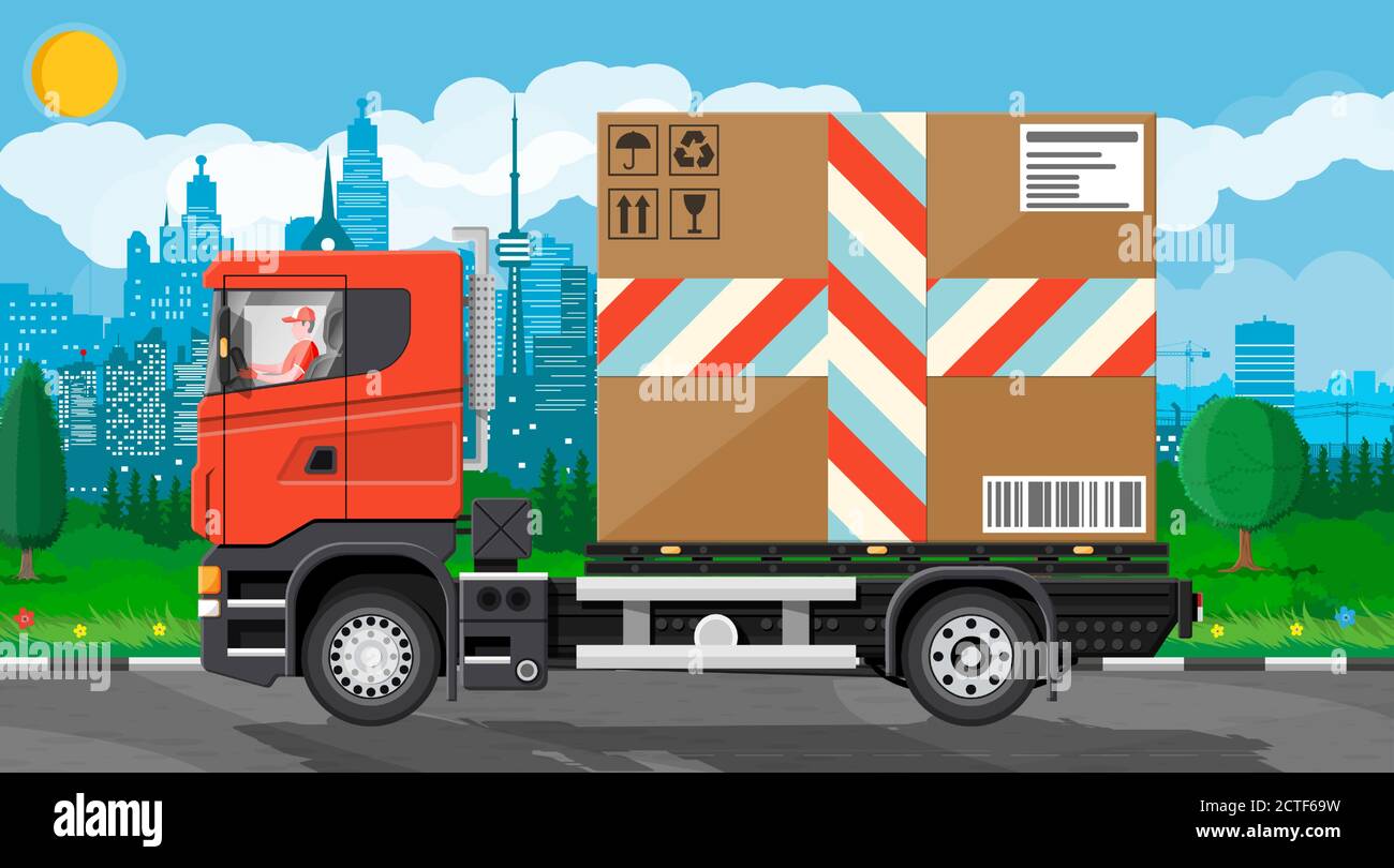 Camionnette De Livraison Avec Grande Boite En Carton Sur Fond Urbain Express Livrant Des Services Camion Commercial Concept De Livraison Rapide Gratuite En Voiture Fret Et Logistique Illustration Vectorielle Plate De Dessin