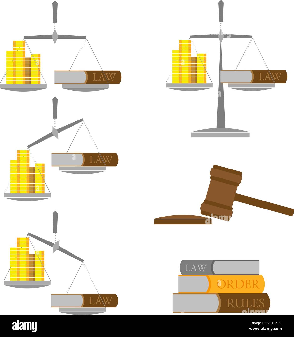 Ensemble d'équilibre avec l'argent (pièces d'or) et le livre de loi. Dans différentes positions. Quelques livres et juges gavel. Icônes de droit et de droit. Clip vectoriel de style plat a Illustration de Vecteur
