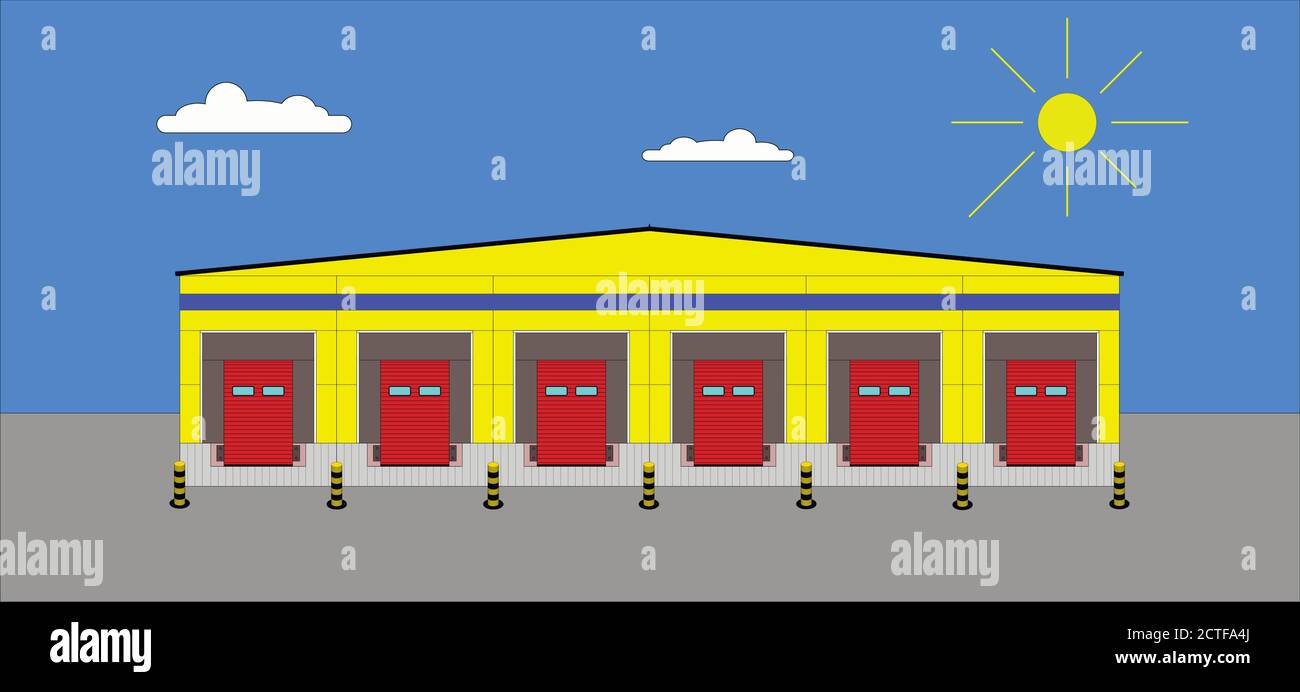 Grand entrepôt de distribution avec portes pour le chargement des marchandises. Illustration de Vecteur