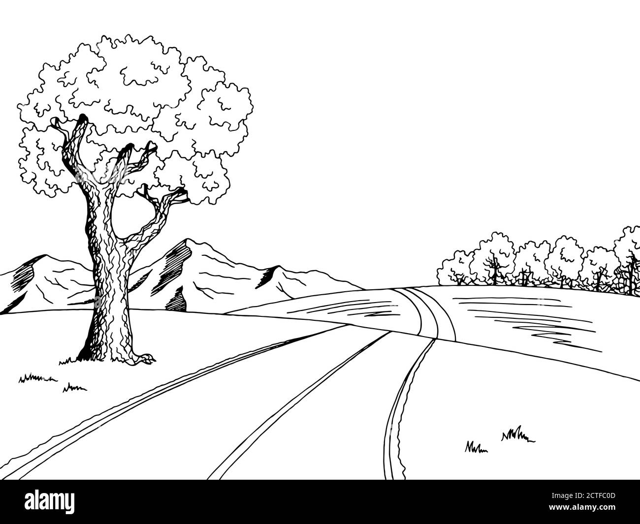 Mountain Road Tree art graphique noir blanc paysage illustration vecteur Illustration de Vecteur