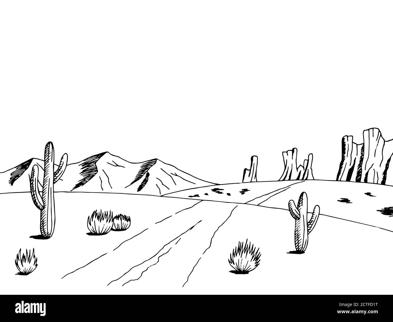 Prairie Road Graphic art américain désert noir blanc paysage croquis vecteur d'illustration Illustration de Vecteur