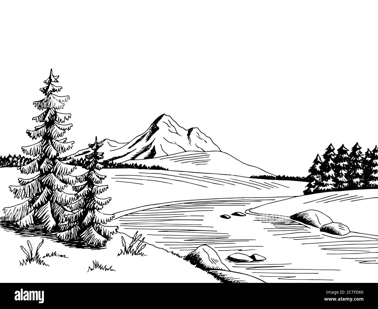 Mountain River Graphic art noir blanc paysage esquisse illustration vecteur Illustration de Vecteur