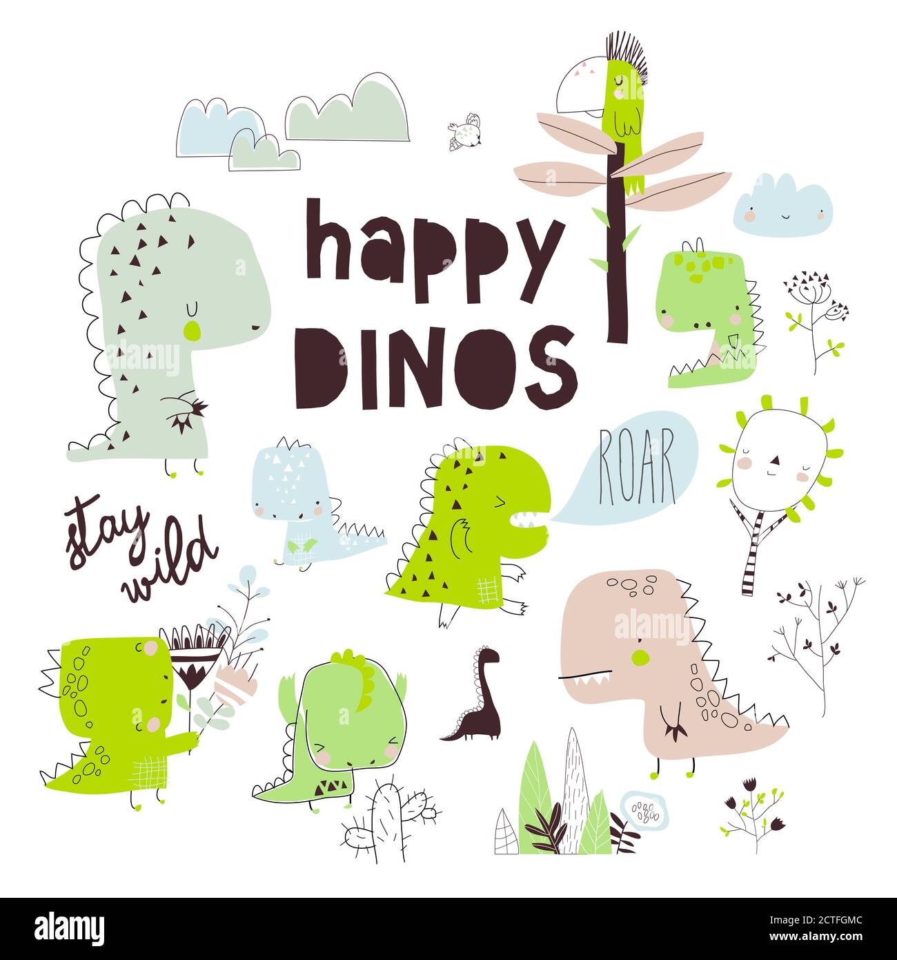 Les dinosaures de dessins animés mignons sont isolés sur fond blanc Illustration de Vecteur