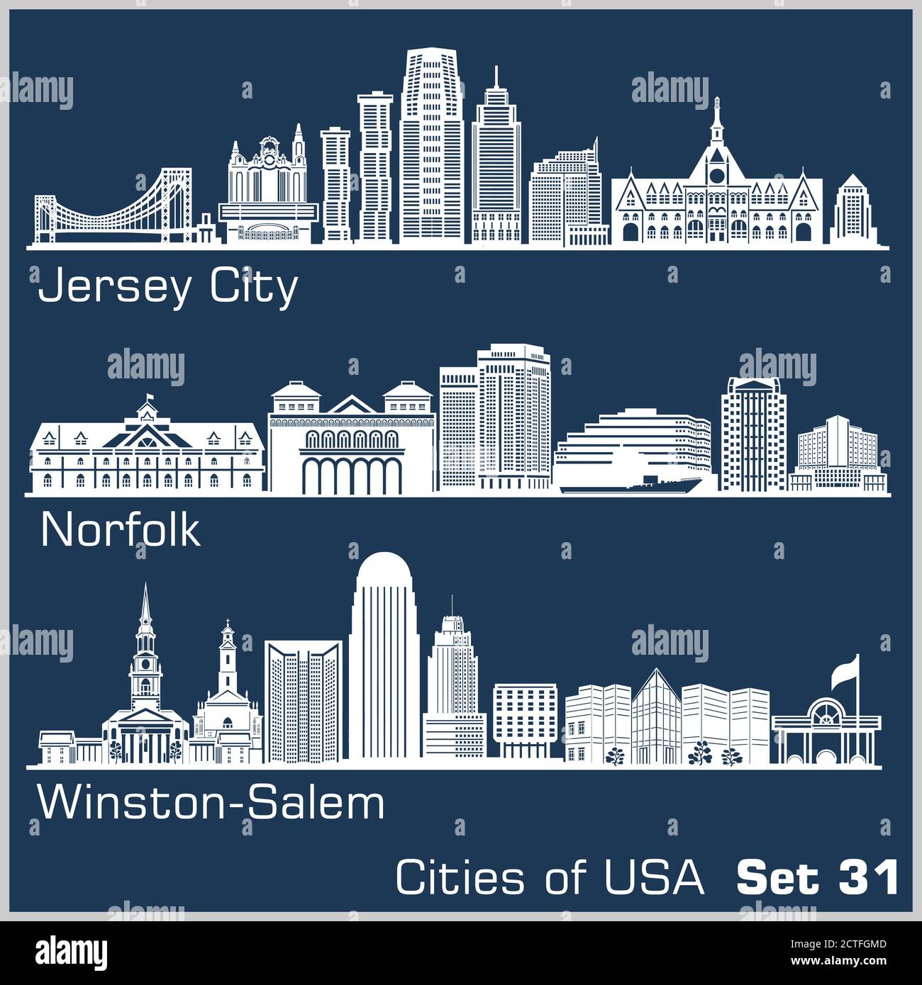 Villes des États-Unis - Jersey City, Norfolk, Winston-Salem. Architecture détaillée. Illustration vectorielle tendance. Illustration de Vecteur