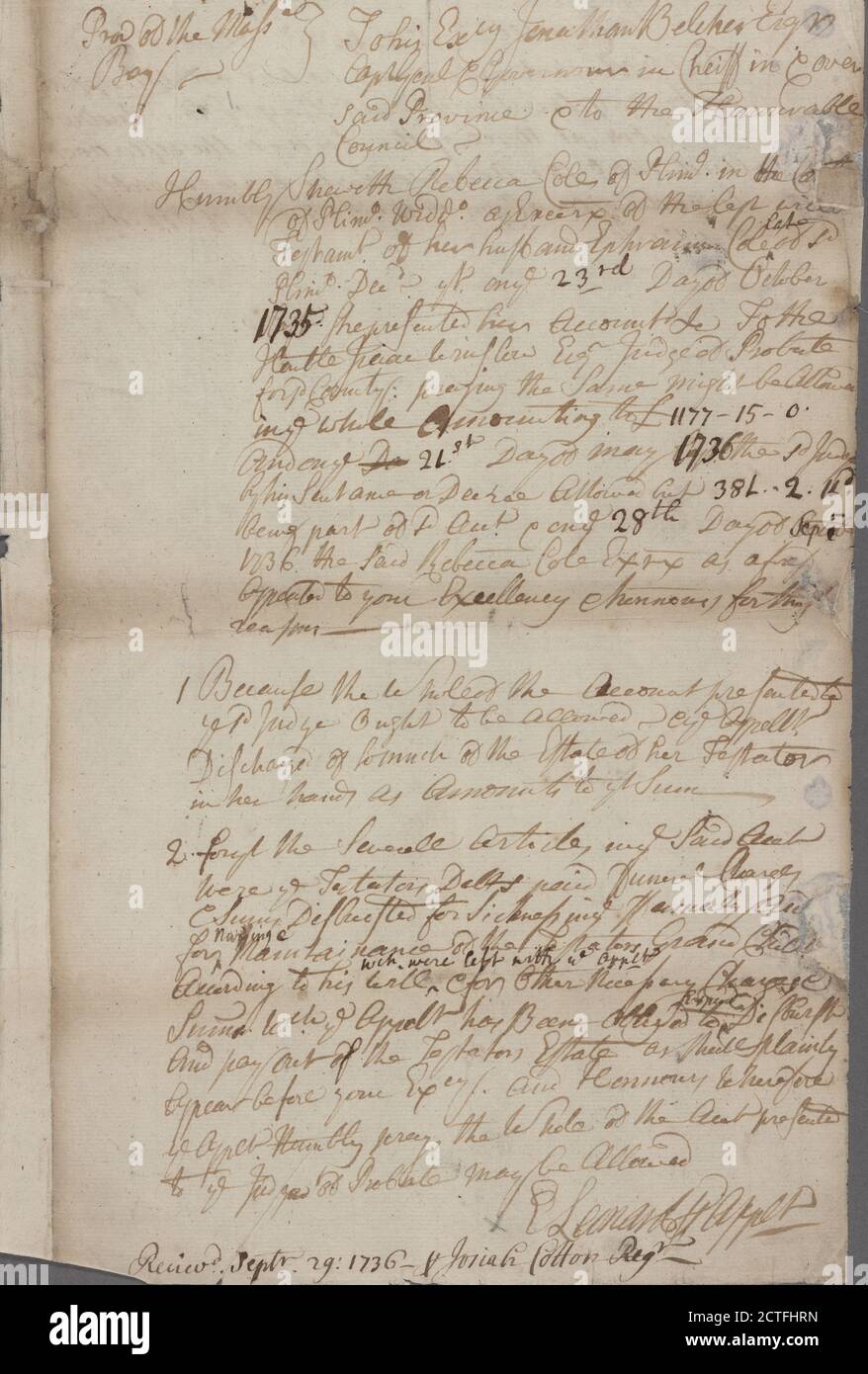 Document, texte, documents, 1736, Cole, Rebecca Banque D'Images