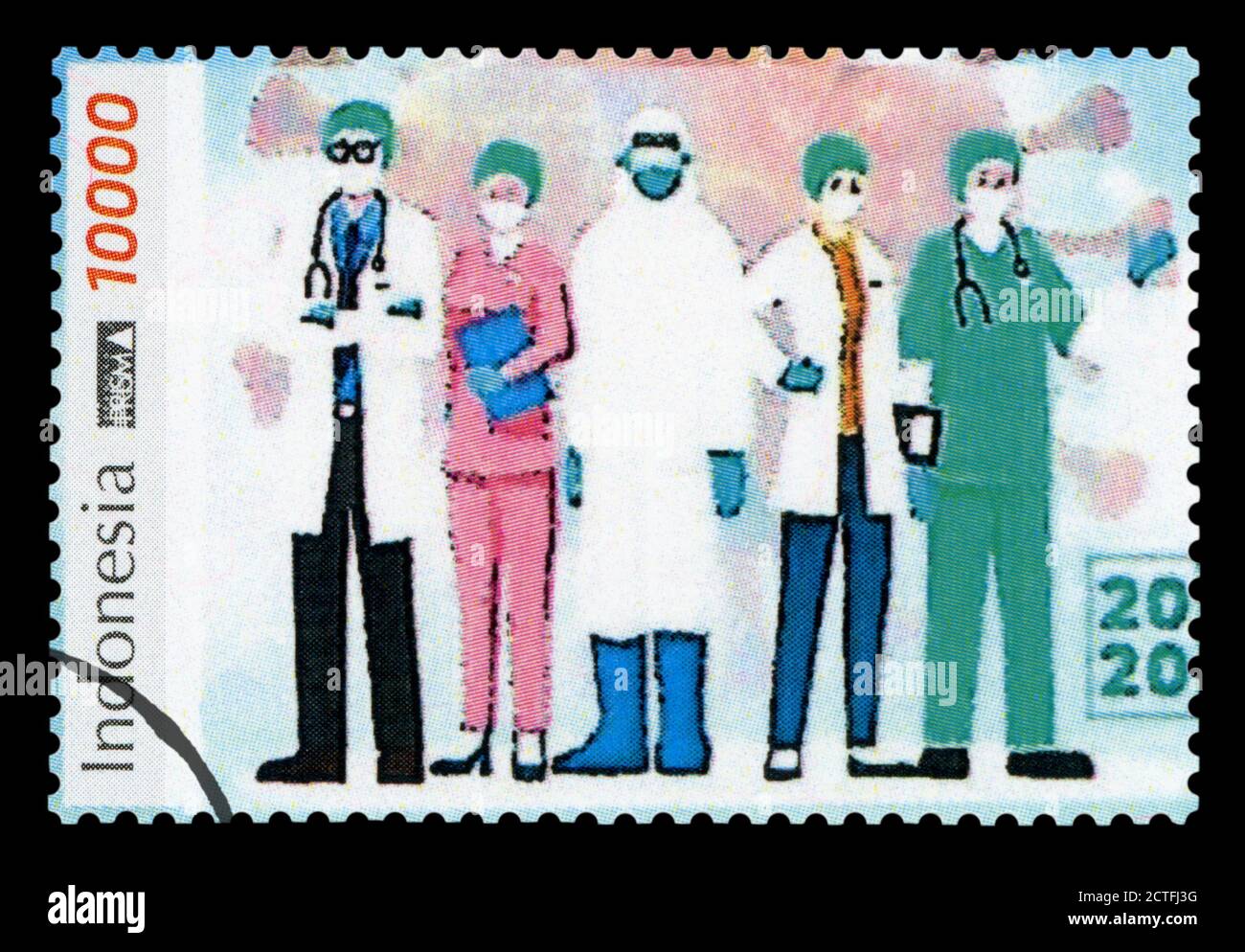 INDONÉSIE – VERS 2020 : un timbre-poste imprimé en Indonésie montrant une image de l'équipe médicale luttant contre le COvid-19, vers 2020. Banque D'Images