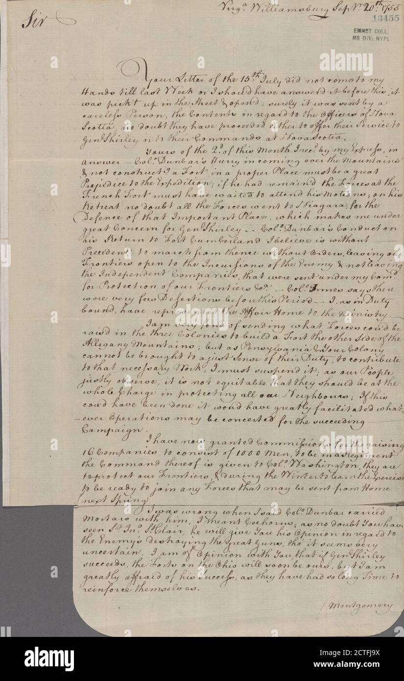 Lettre au gouverneur Horatio Sharpe Annapolis, Maryland., texte, documents, 1755, Dinwiddie, Robert Banque D'Images