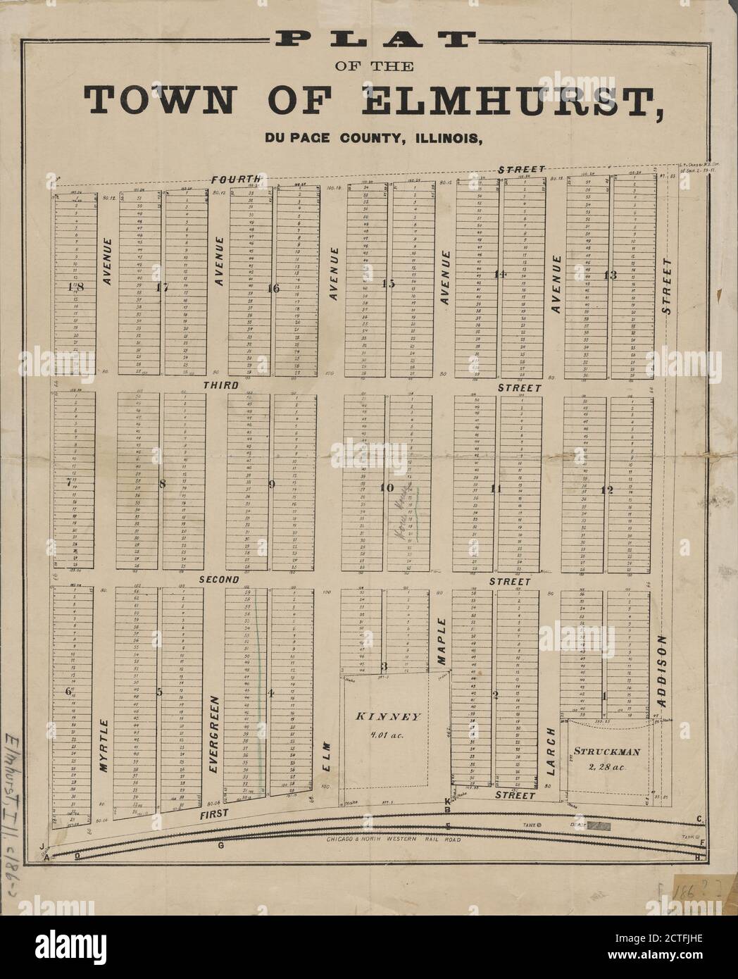 Plat de la ville d'Elmhurst, comté du page, Illinois, cartographie, cartes, 1860 - 1869 Banque D'Images