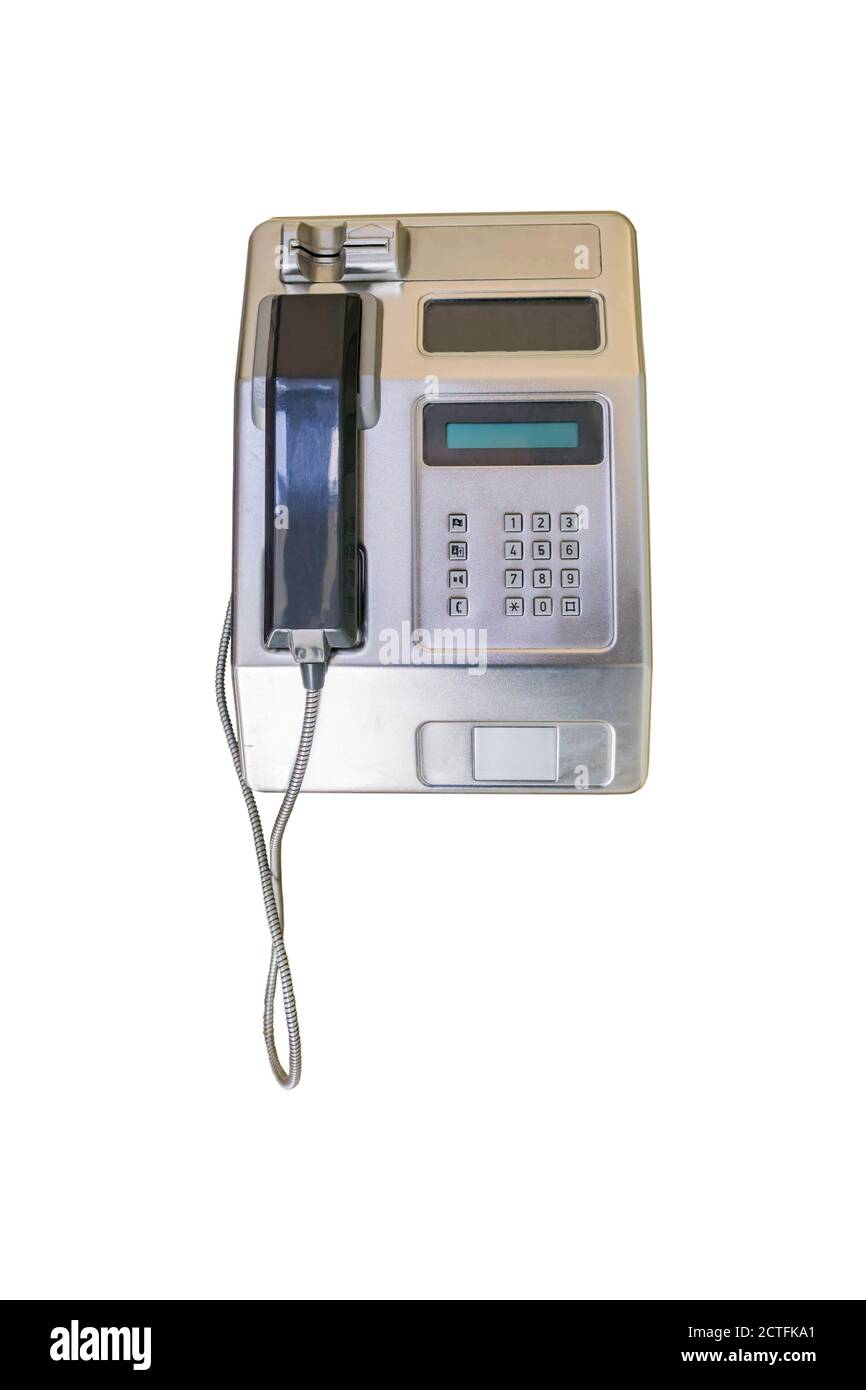 Téléphone public payant isolé sur fond blanc. Banque D'Images