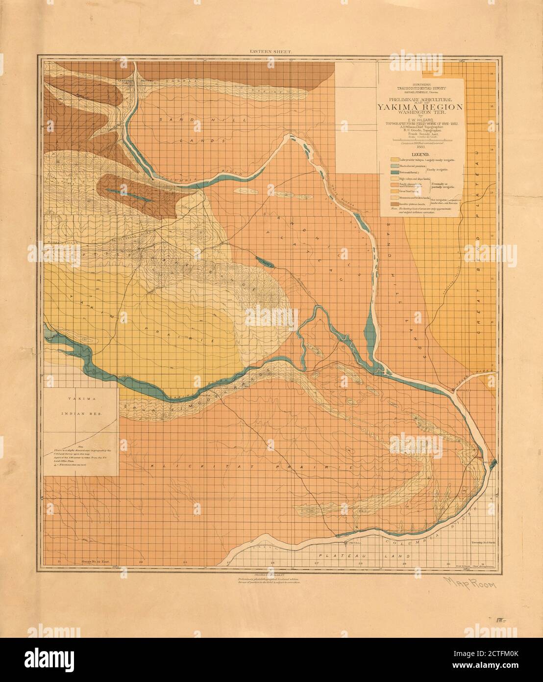 Carte agricole préliminaire de la région de Yakima, Washington Ter. , caricatural, Maps, 1883, Hilgard, Eugene W. (Eugene Woldemar), 1833-1916, Pumpelly, Raphael, 1837-1923, Wilson, A. D., Goode, Richard Urquhart, 1858-1903, Tweedy, Frank, 1854-1937, Northern Transcontinental Survey. Département agricole, Julius Bien & Co Banque D'Images