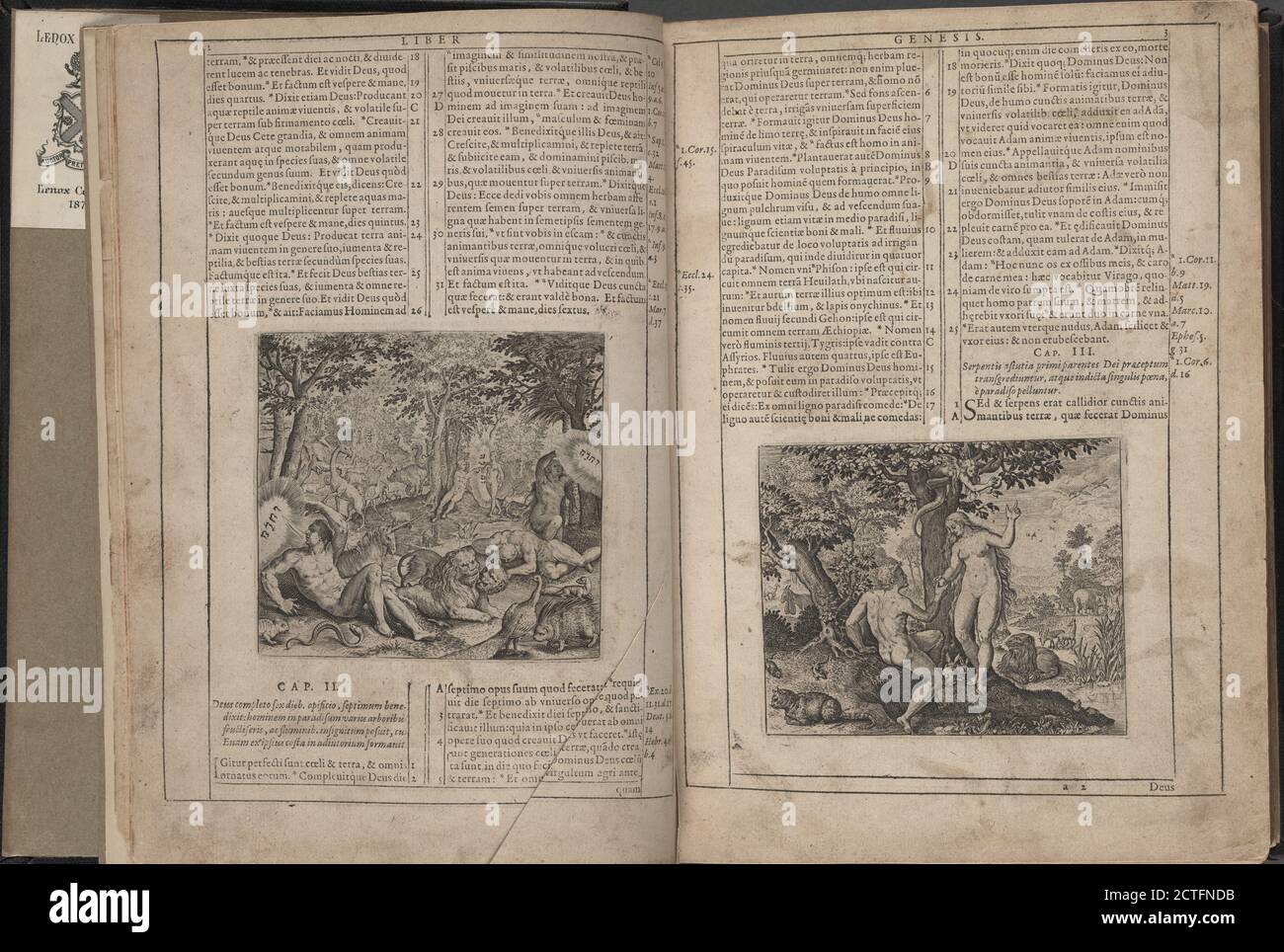 Biblia Sacra vulgatæ, pages 2 et 3, texte, illustrations, 1609 Banque D'Images
