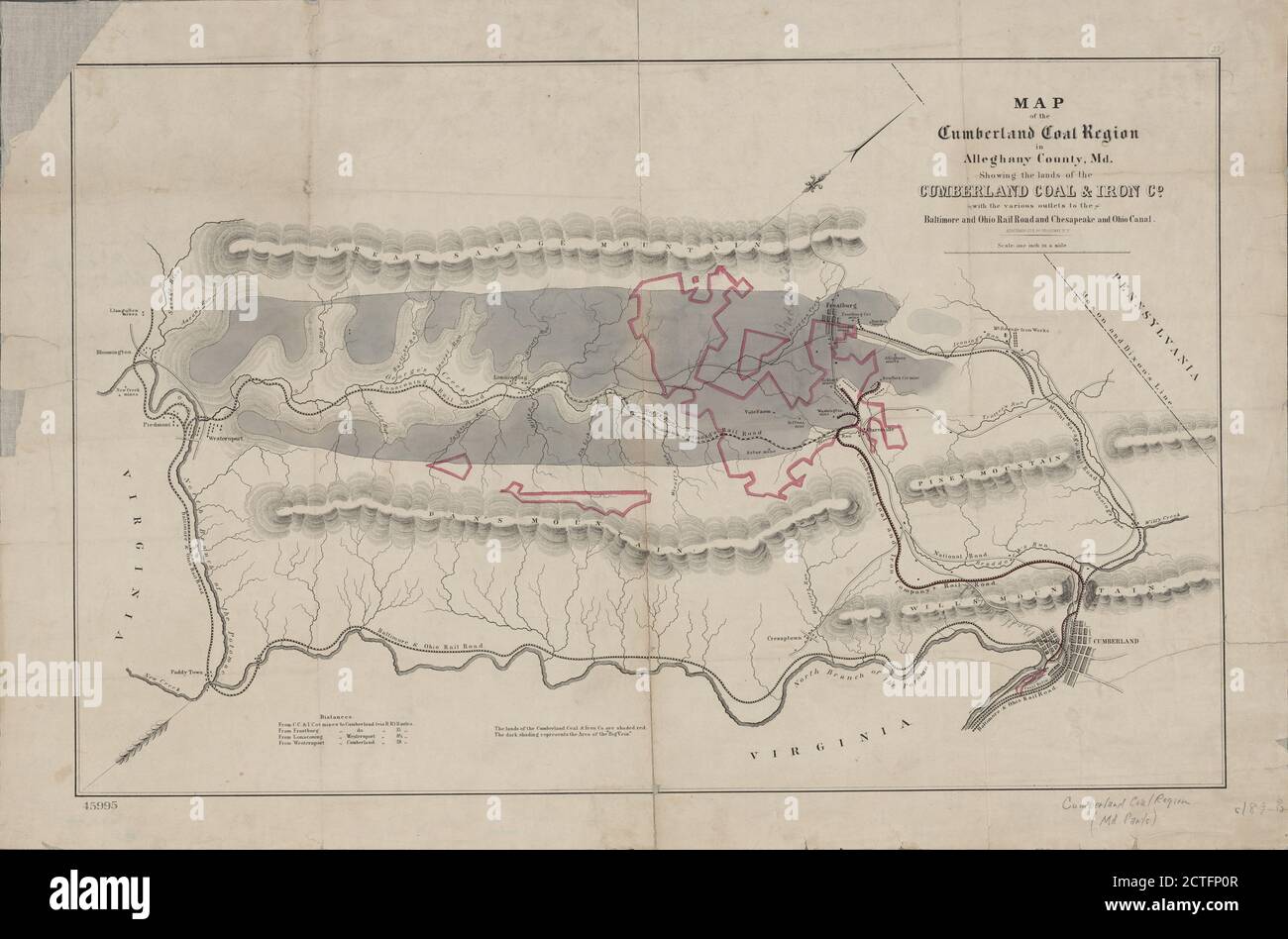 Carte de la région du charbon de Cumberland dans le comté d'Alleghany, Maryland, cartographie, cartes, 1887, Ackerman Lithr. Banque D'Images