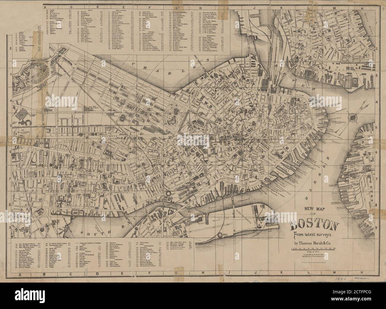 Nouvelle carte de Boston à partir des dernières enquêtes, cartographie, cartes, 1881 Banque D'Images