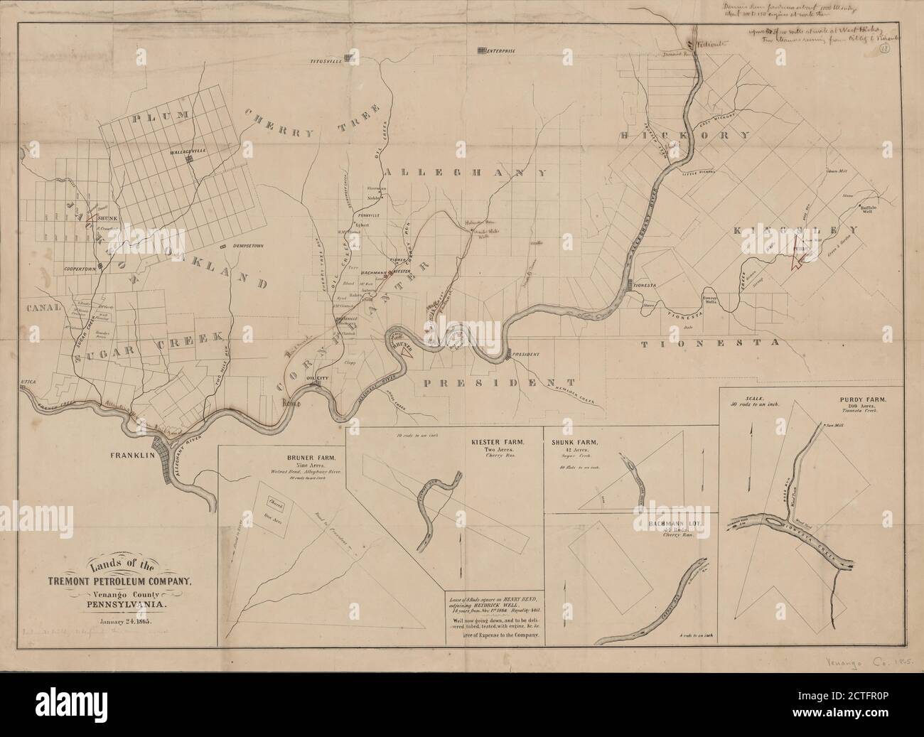 Terres de la Tremont Petroleum Company, Venango County, Pennsylvanie, 24 janvier 1865, cartographie, Maps, 1865, Tremont Petroleum Company Banque D'Images