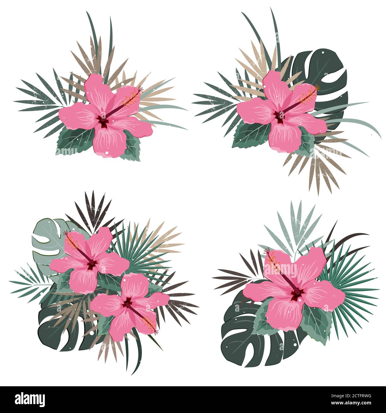 Ensemble de compositions de bouquet vectoriel avec fleur d'hibiscus rose et feuilles de palmier, illustration vectorielle plate. Plantes exotiques tropicales d'Hawaï isolées Illustration de Vecteur Ensemble de compositions de bouquet vectoriel avec fleur d'hibiscus rose et feuilles de palmier, illustration vectorielle plate. Plantes exotiques tropicales d'Hawaï isolées Illustration de Vecteur
