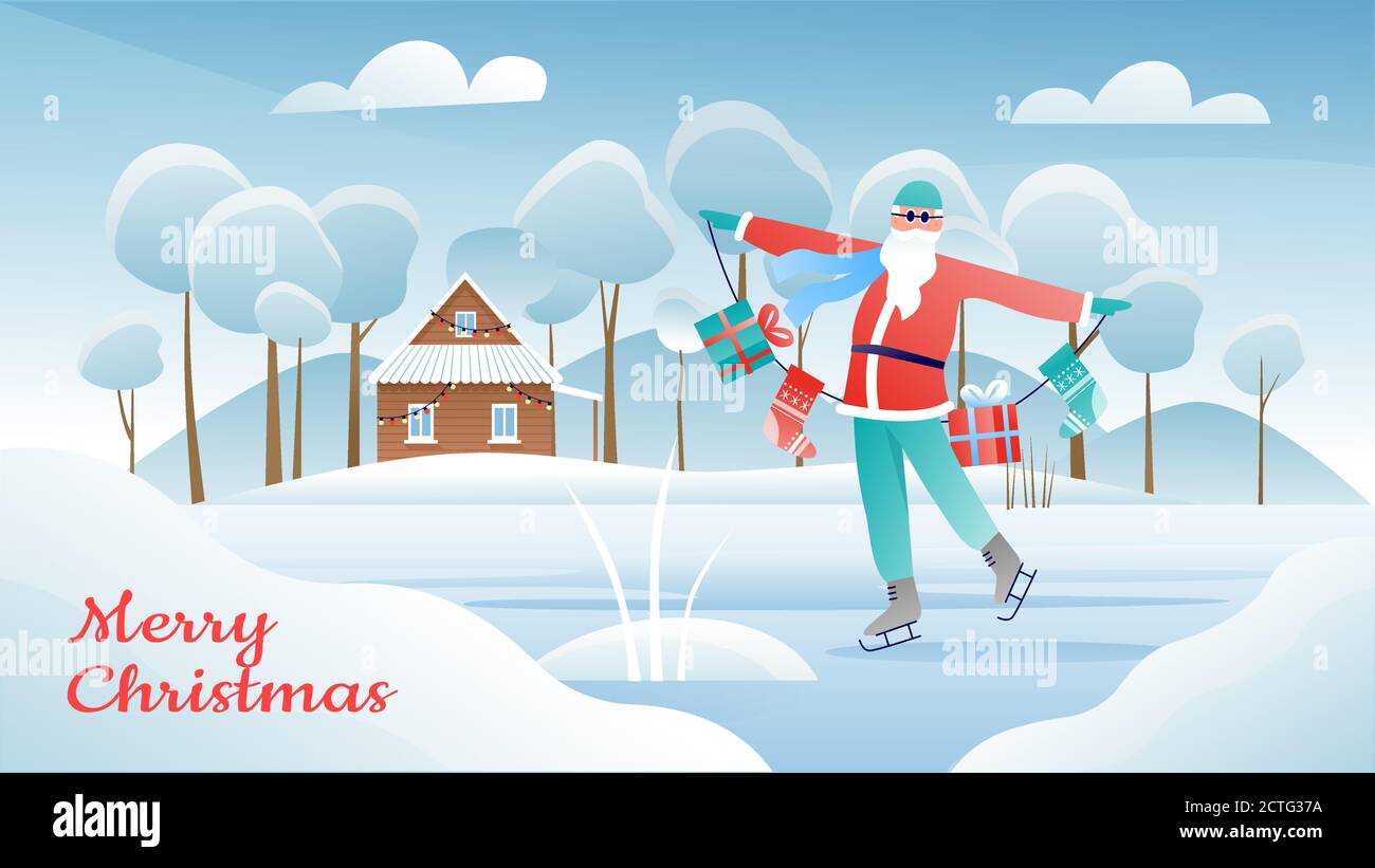 Illustration vectorielle Joyeux Noël. Carte de vœux d'hiver plate avec patinage sur glace du Père Noël et chaussettes de Noël avec cadeau de Noël cadeaux entre les mains, paysage de neige arrière-plan hivernal Illustration de Vecteur