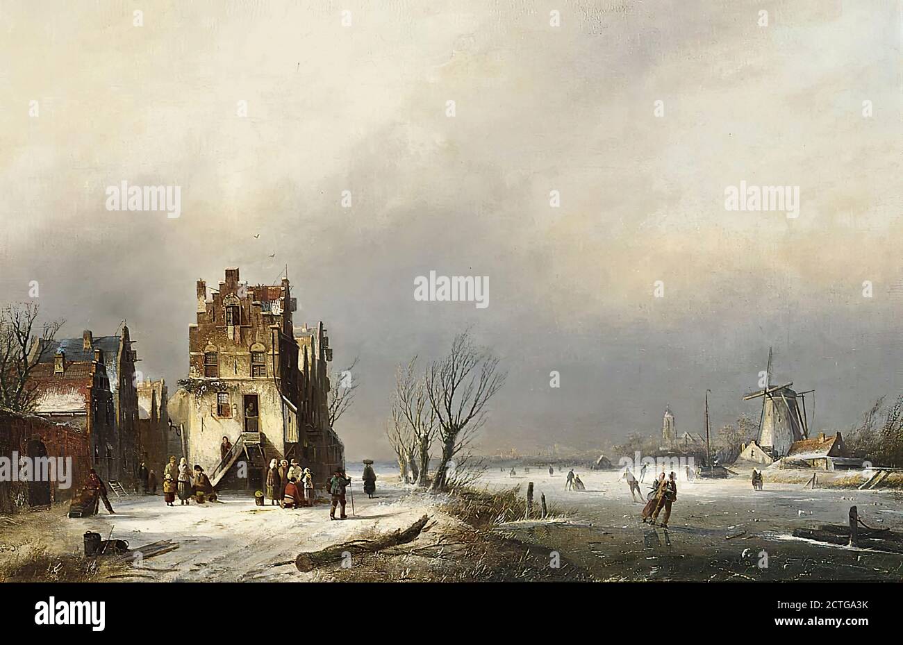 Spohler Jan Jacob - un paysage d'hiver avec des patineurs à proximité Un village - Ecole hollandaise - 19e siècle Banque D'Images