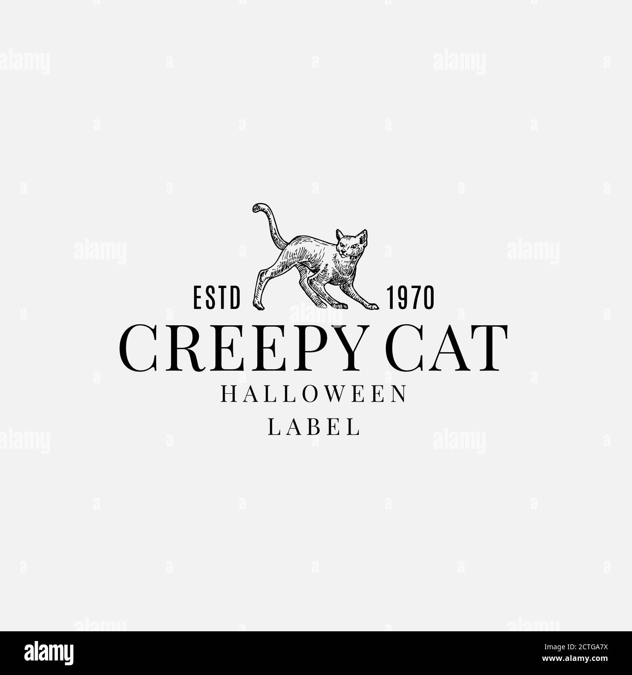 Modèle d'étiquette ou de logo d'Halloween de qualité supérieure. Symbole d'esquisse de chat Creepy dessiné à la main et Typographie rétro élégante. Illustration de Vecteur