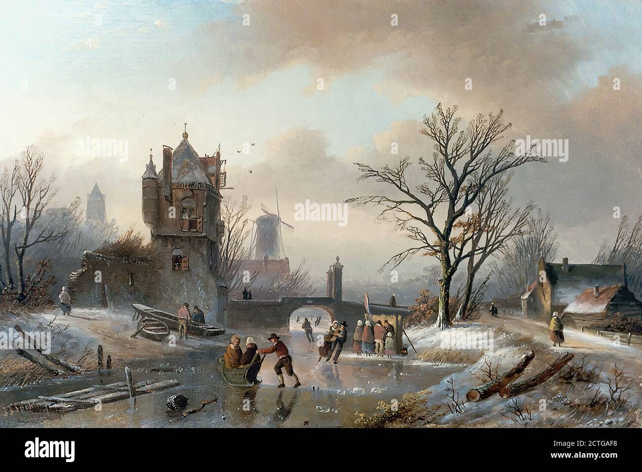 Spohler Jan Jacob - Ijsgezicht met Schaatsers Bij Een Ruine - Ecole néerlandaise - 19e siècle Banque D'Images