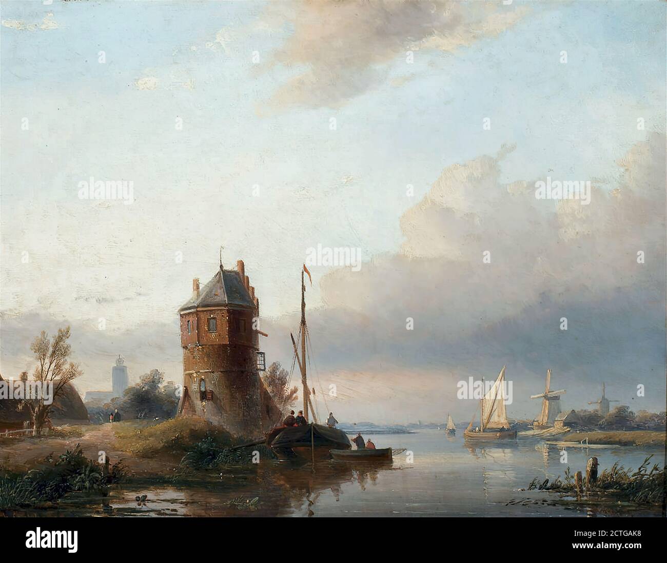 Spohler Jan Jacob - voile sur les eaux calmes près d'un Ruin - Ecole néerlandaise - 19e siècle Banque D'Images