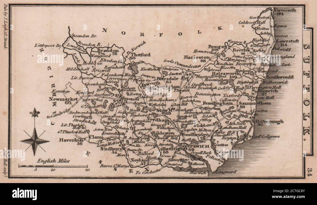 Carte miniature du comté de Suffolk par Samuel Leigh / Sidney Hall c1820 ancien Banque D'Images