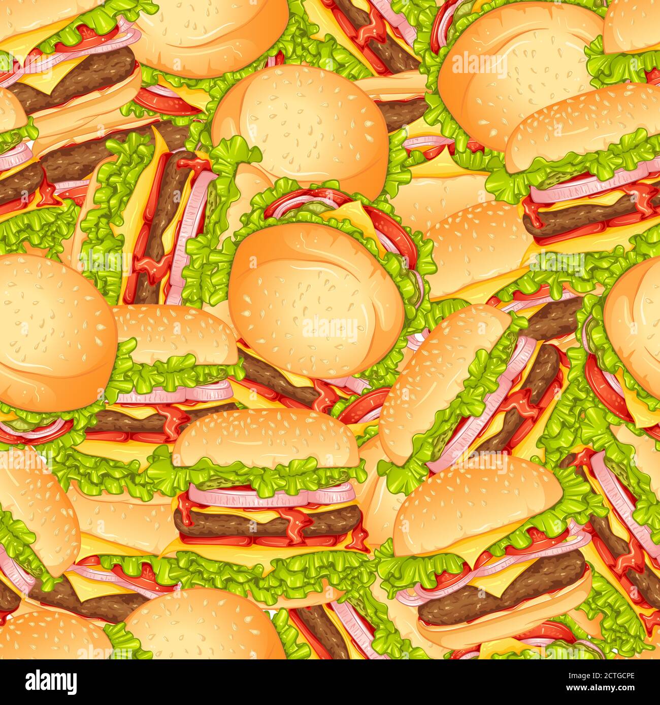 Motif vectoriel transparent avec hamburger. Modèle de restauration rapide. Cuisine américaine. Éléments de conception alimentaire, pour les entreprises liées à l'industrie alimentaire. Design pour l'emballage, le textile, l'impression Illustration de Vecteur