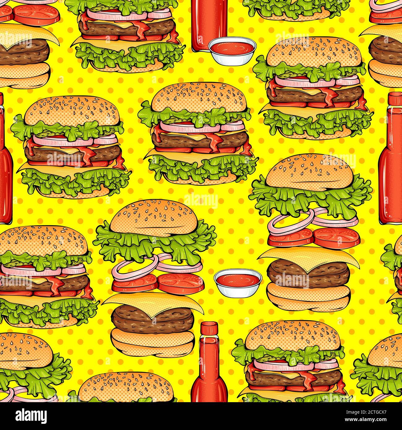 Dessin animé coloré hamburgers lumineux et sauce sur fond jaune sans couture motif. Illustration vectorielle dans une texture de style pop art pour la restauration rapide ou le menu du café bannière, textile, papier d'emballage Illustration de Vecteur