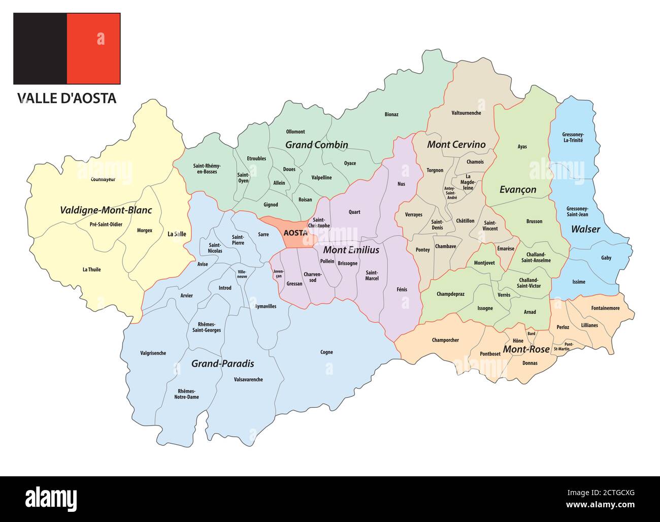 Carte vectorielle administrative de la région autonome italienne de la vallée d'Aoste avec drapeau, Italie Illustration de Vecteur
