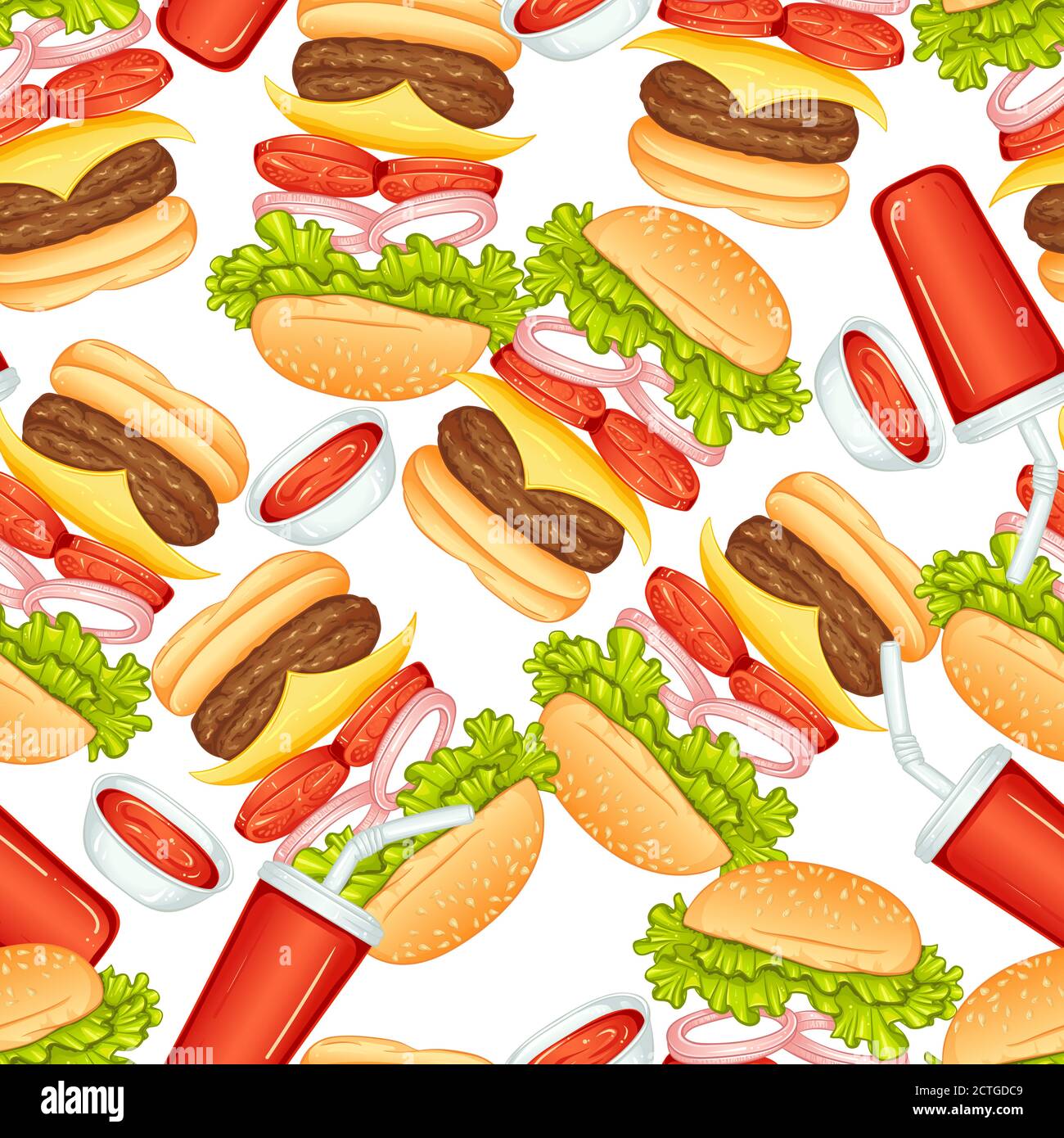Motif vectoriel sans couture avec hamburger, cola et sauce. Modèle de restauration rapide. Cuisine américaine. Éléments de conception alimentaire, pour les entreprises liées à l'industrie alimentaire, isolés sur fond blanc Illustration de Vecteur