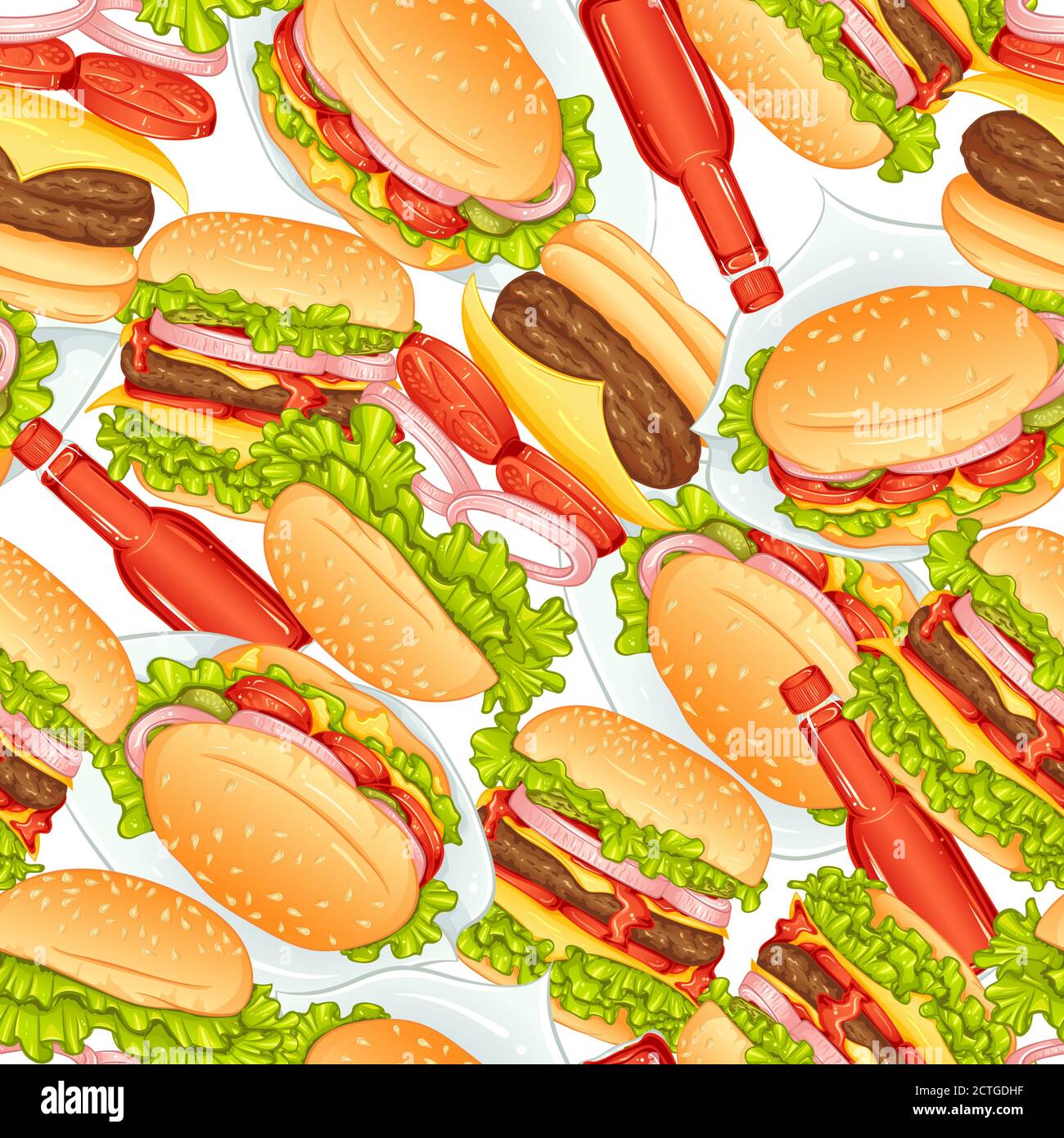 Motif vectoriel sans couture avec hamburger et sauce. Modèle de restauration rapide. Cuisine américaine. Éléments de conception alimentaire, pour les entreprises liées à l'industrie alimentaire, isolés sur fond blanc Illustration de Vecteur