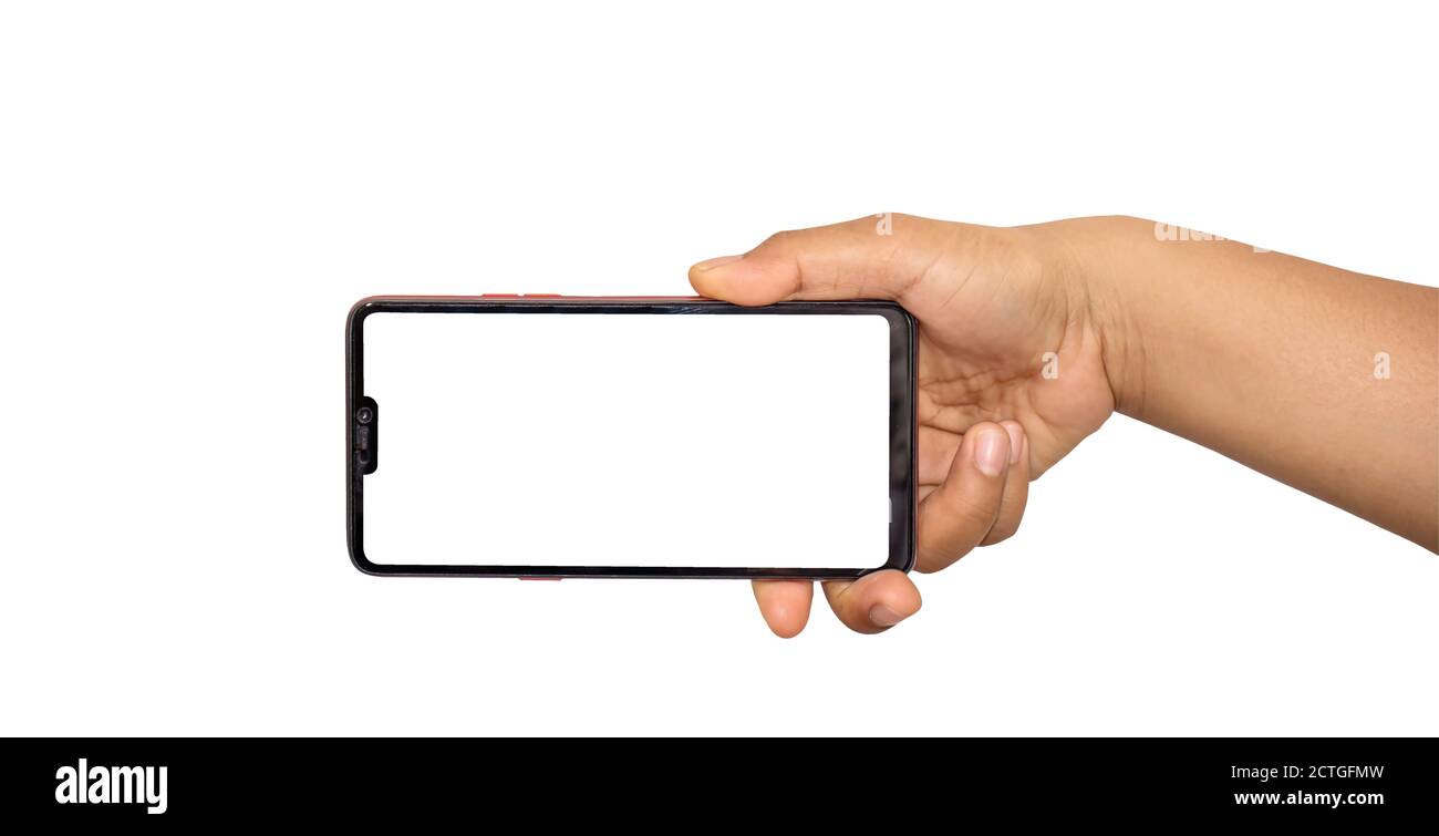 La main tient l'écran blanc, le téléphone portable est isolé sur un fond blanc. Banque D'Images