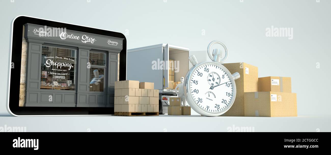 Rendu 3D d'une tablette avec une boutique et des liveurs, une camionnette avec des boîtes et un chronomètre Banque D'Images