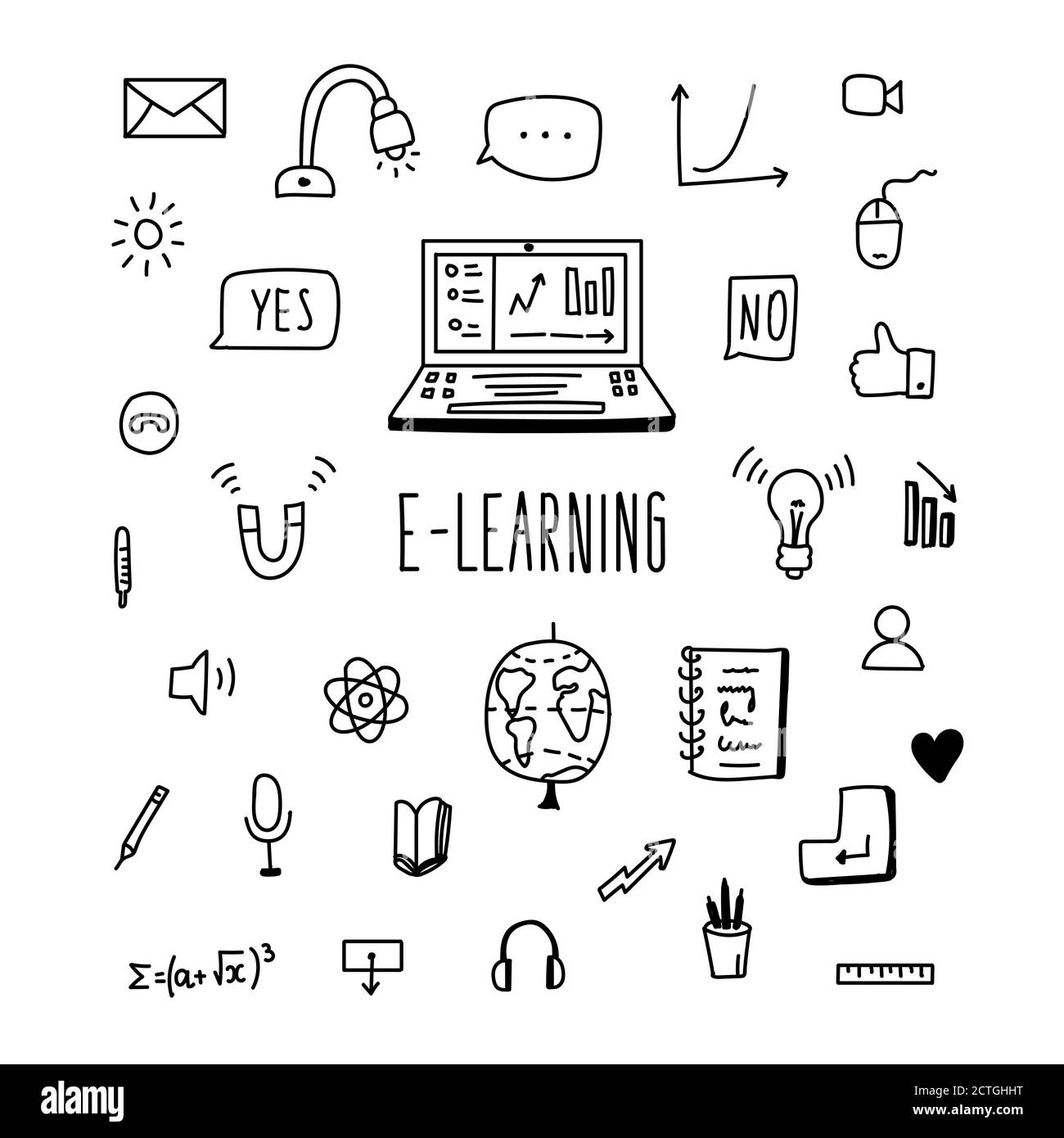 lettering et doodle éducation, e-learning icônes formation en ligne, ordinateur, globe, diviseur, lampe, casque, formule, bulle de parole, message, aimant Illustration de Vecteur