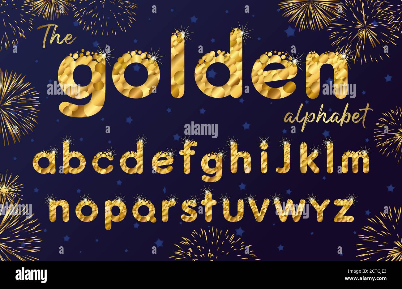 Police Golden Sparkle Bubbles, alphabet or drôle, lettres de luxe et éclat. Motif vectoriel abc Xmas Icon avec des sautes et des étoiles sur fond bleu Illustration de Vecteur