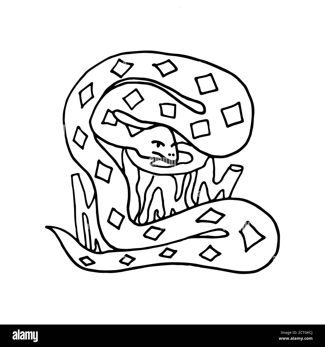 Serpent à l'Doodle dessiné à la main sur la souche en bois. Illustration de Vecteur