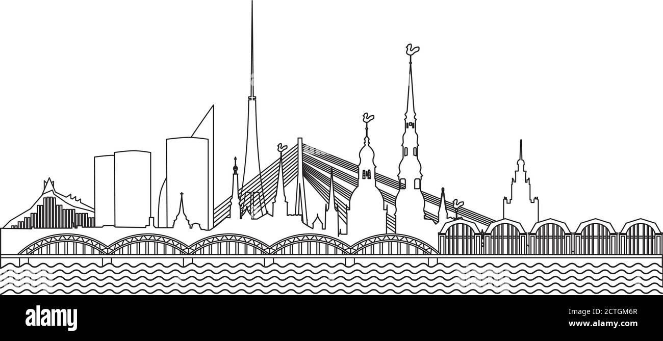 Vue sur la vieille ville de Riga au coucher du soleil Illustration de Vecteur