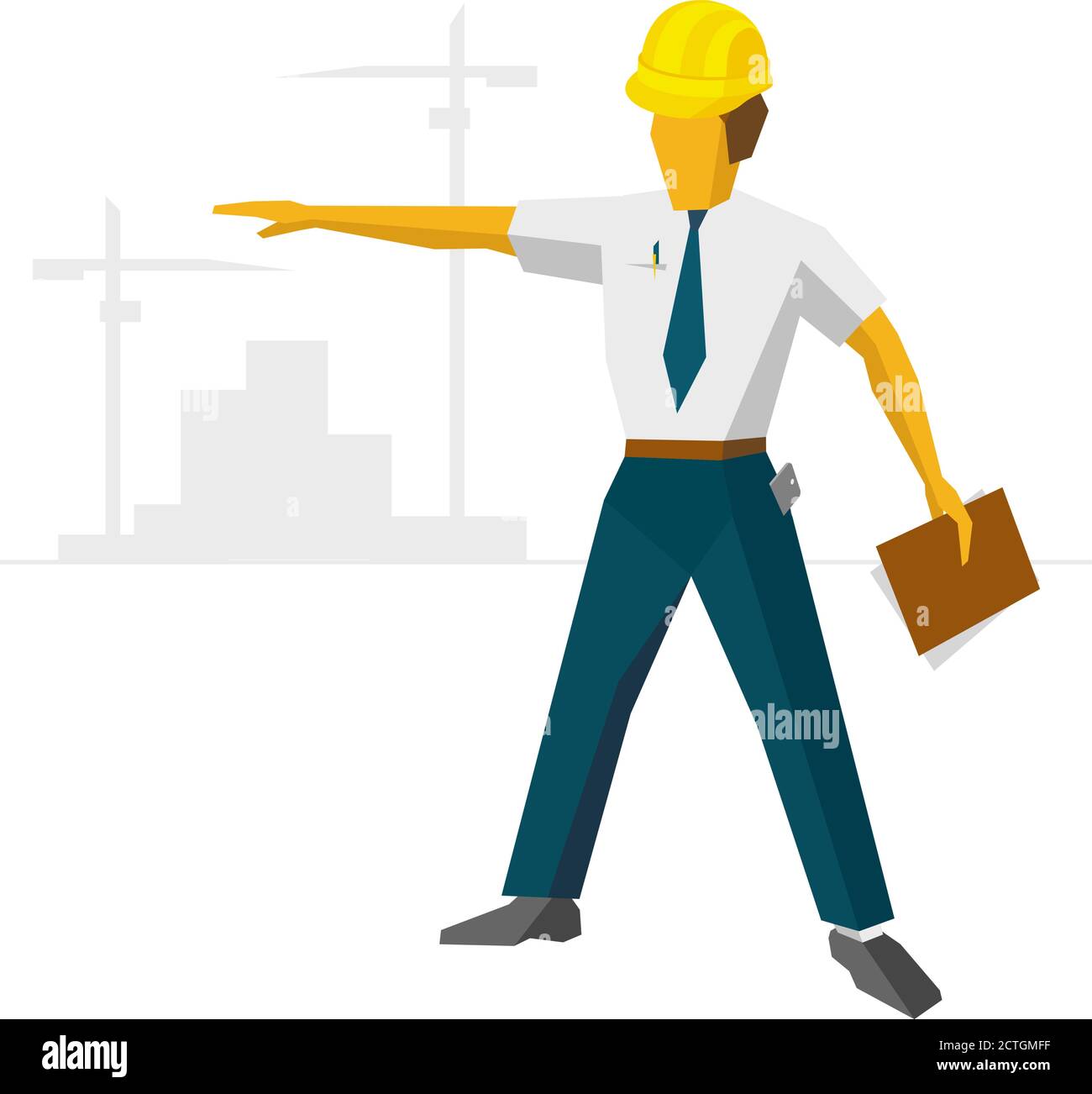 Ingénieur constructeur dans le site de construction de casque. Architecte avec des papiers à la main et un smartphone dans la poche. Silhouettes de grues et de bâtiments à hori Illustration de Vecteur