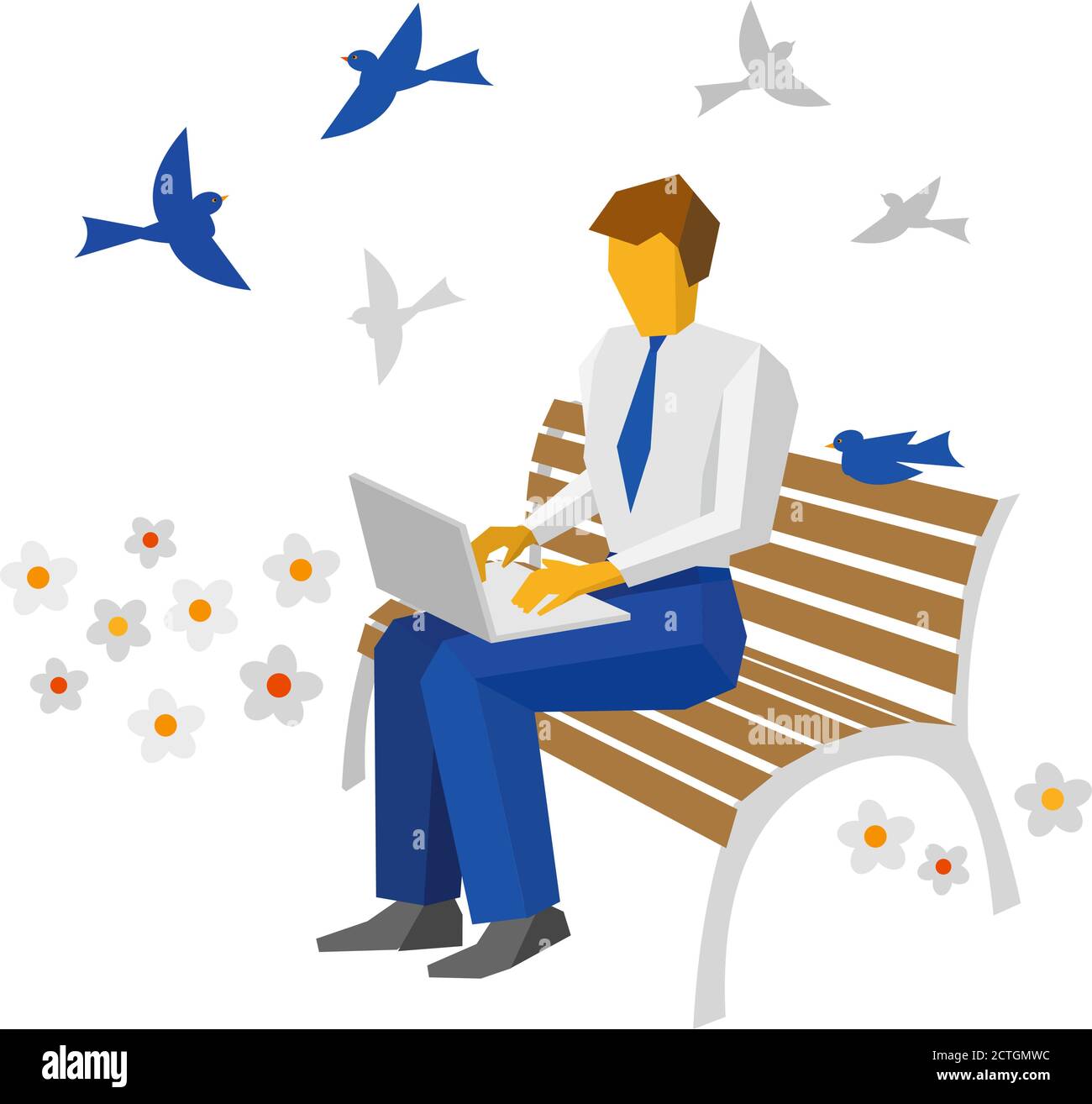 Homme travaillant avec un ordinateur portable à l'extérieur. Homme d'affaires assis sur un banc dans le parc et dactylographiant sur un ordinateur portable. Thème du printemps - oiseaux volant à l'arrière, fleurs sur le TH Illustration de Vecteur