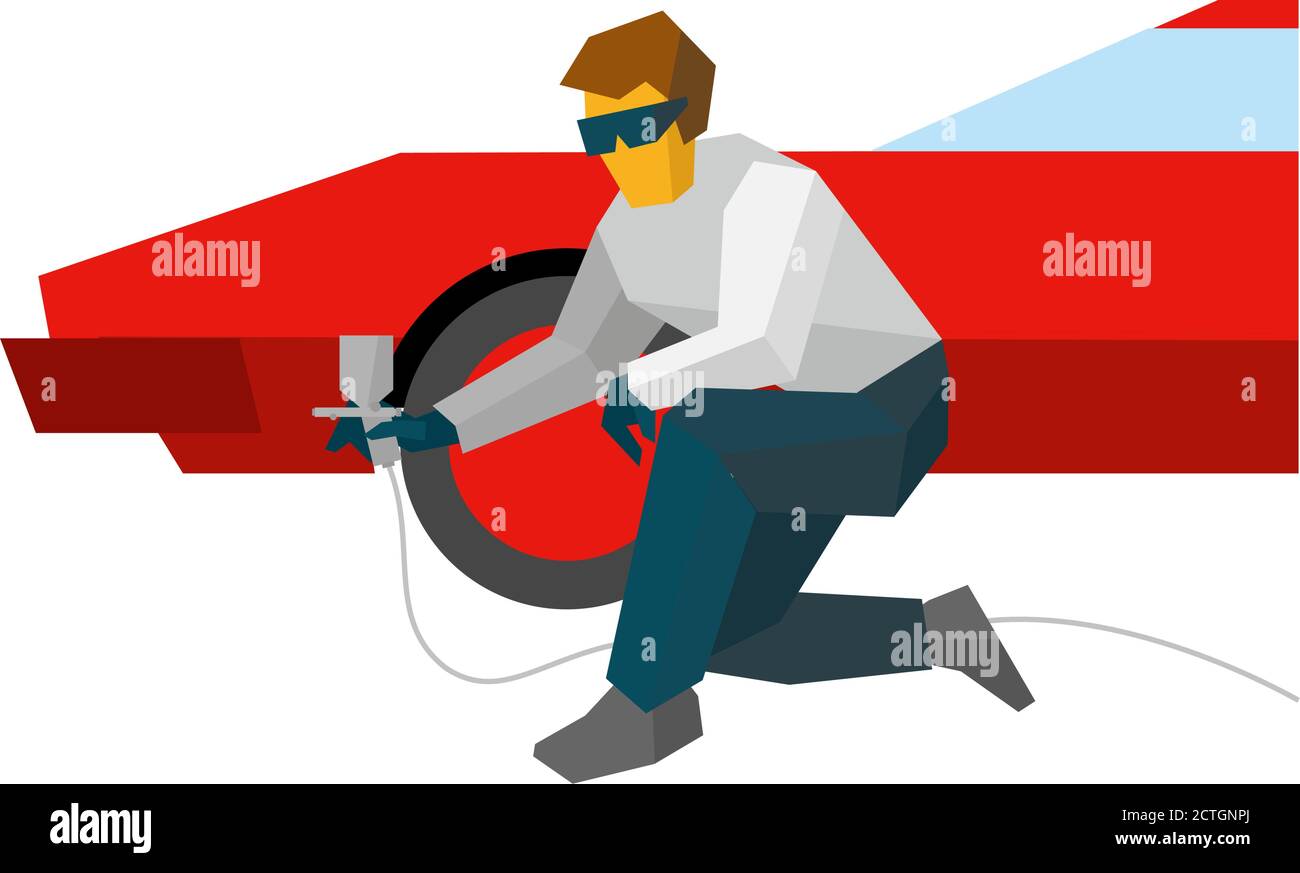 Peinture mécanique pulvérisée sur une voiture de sport rouge à partir du pulvérisateur. Vaporiser la peinture automatique avec l'aérographe. Illustration vectorielle de style plat isolée sur fond blanc Illustration de Vecteur