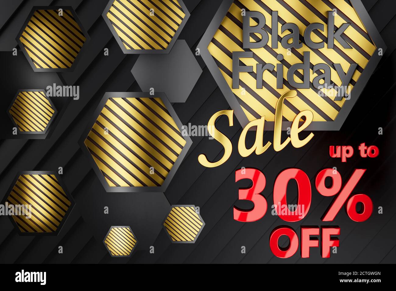Image 3D de fond de la vente du vendredi noir en or noir saisissant et design rouge avec jusqu'à 30 % de réduction sur le texte Banque D'Images