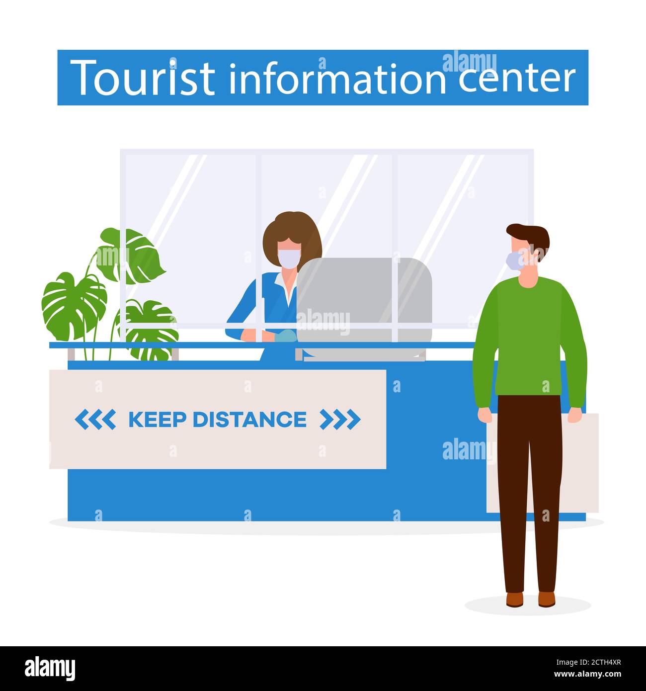 Illustration vectorielle réouverture du centre d'accueil après le spécialiste du coronavirus dans Centre d'information touristique en masque médical de protection et gants de protection Illustration de Vecteur