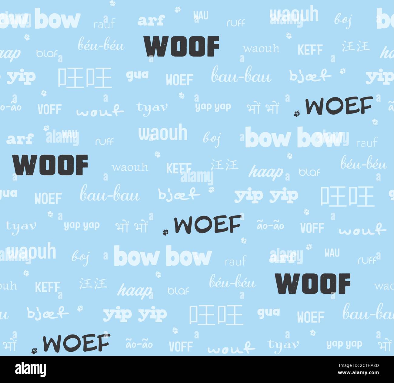 Son de chien « woof » dans de nombreuses versions internationales. Motif de labourage sans couture avec différentes polices et espelures de wof. Concept pour « parlez-vous chien ? » Illustration de Vecteur