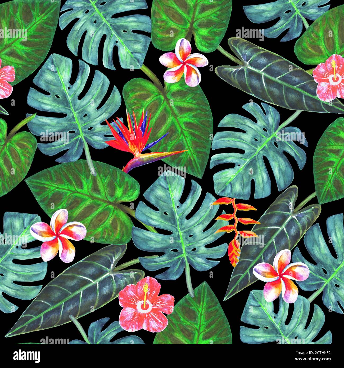 Aquarelle abstraite été motif sans couture avec des plantes tropicales brillantes sur fond noir. Aquarelle feuilles et fleurs exotiques dessinées à la main. Imprimer f Banque D'Images