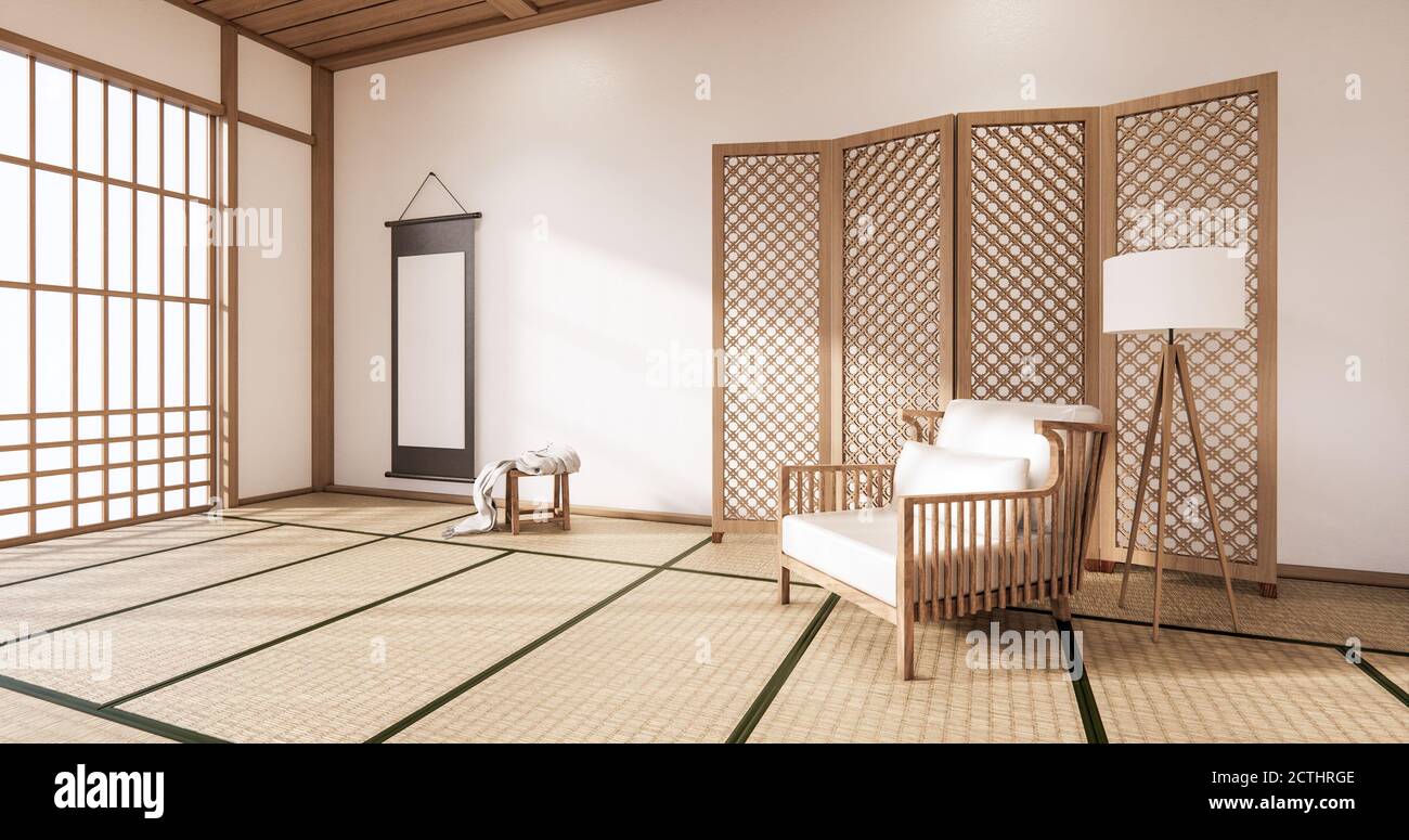 Chaise de bras en bois et cloison japonaise sur l'intérieur tropical de la  chambre Avec sol en tatami et paroi blanche.rendu 3D Photo Stock - Alamy