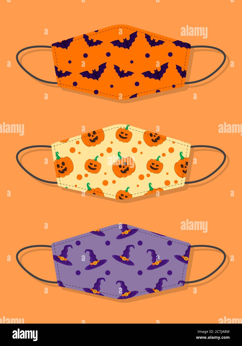 Ensemble de motifs bouche réutilisable pour enfants masques drôles avec motif Halloween sans couture avec chauve-souris, citrouille et chapeau de sorcière Illustration de Vecteur