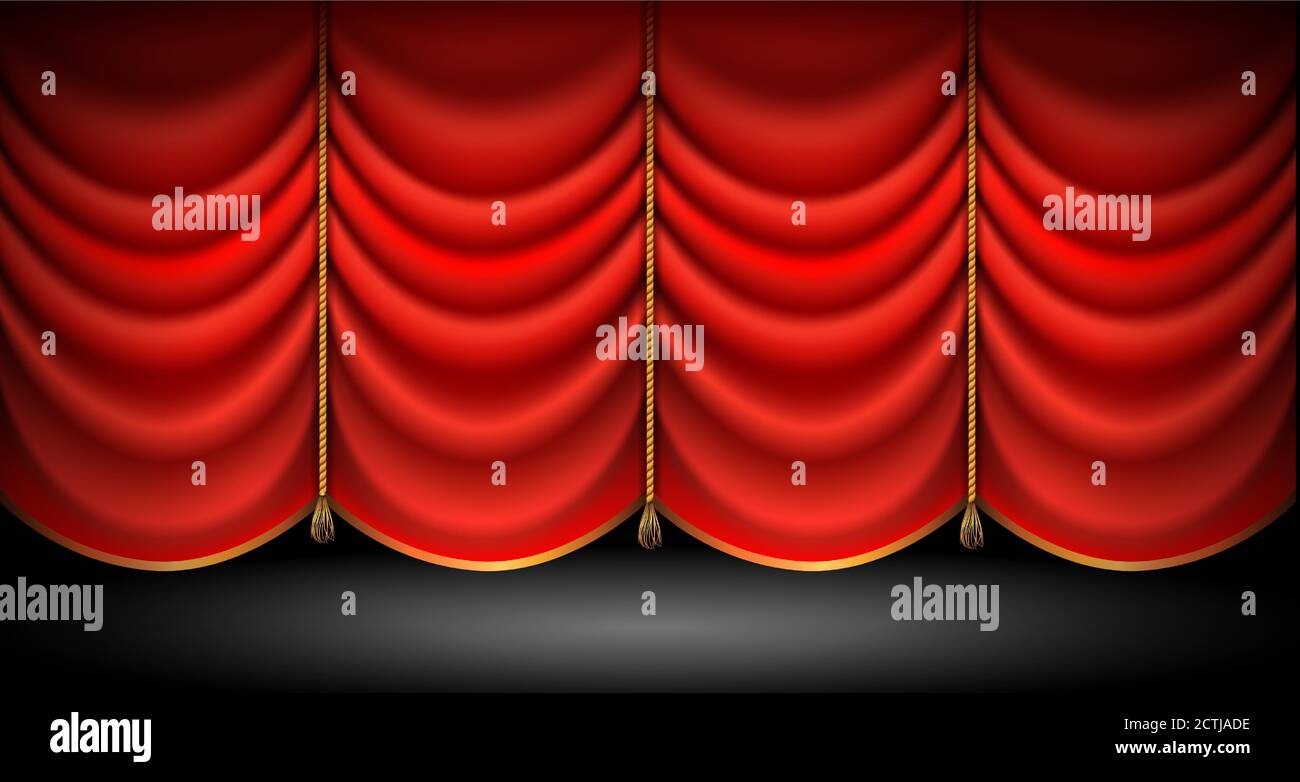 Rideaux rouges fermés avec cordes et glands d'or, stand up, opéra ou théâtre de fond. Vector Illustration de Vecteur