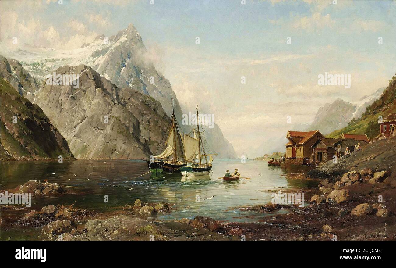 Askevold Anders Monsen - Batar I Fjorden - Ecole norvégienne - 19e siècle Banque D'Images